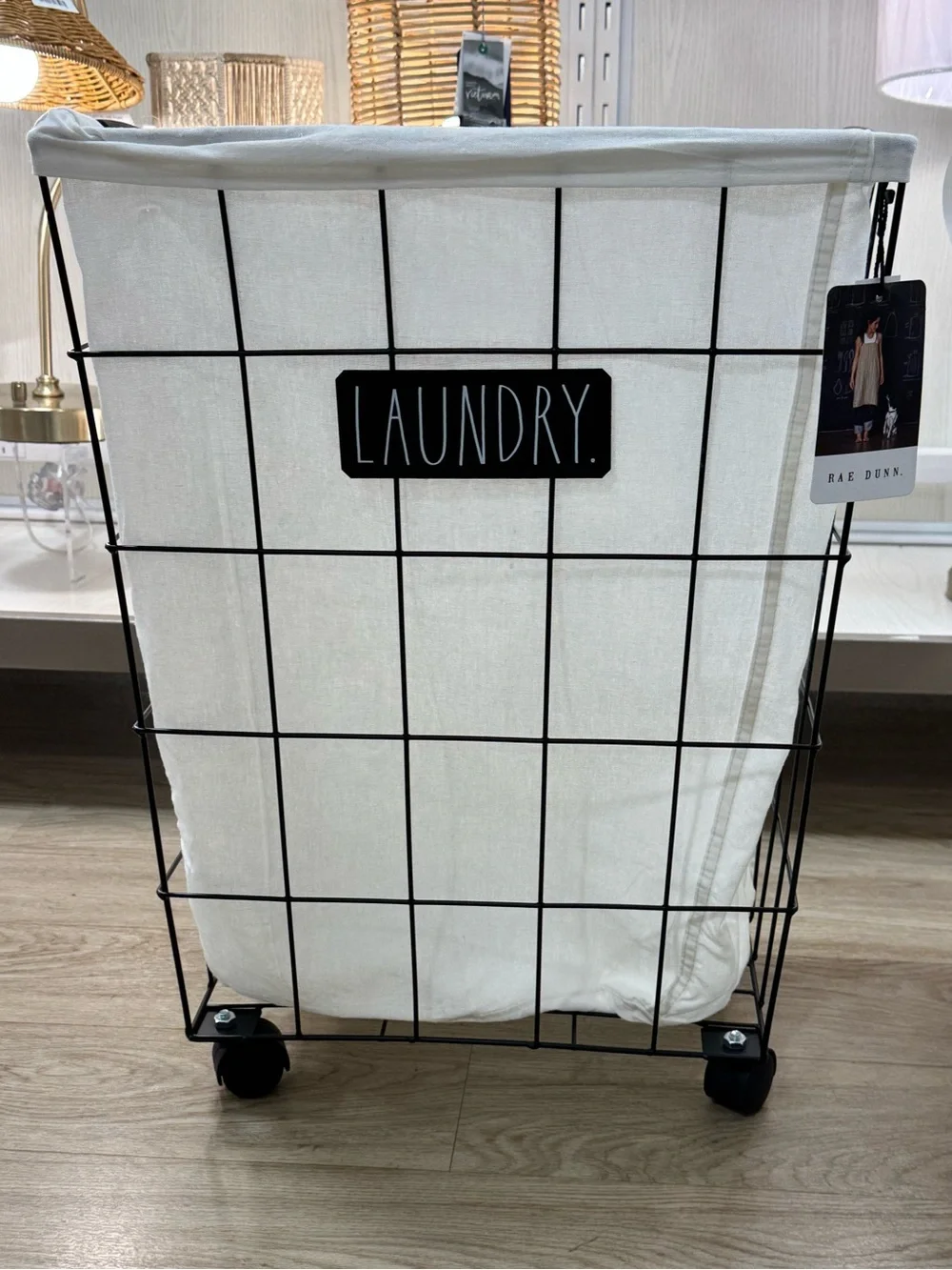 NWT Rae Dunn “Laundry” Rectangular Blk Wire Laundry Basket Hamper Cart w/Wheels